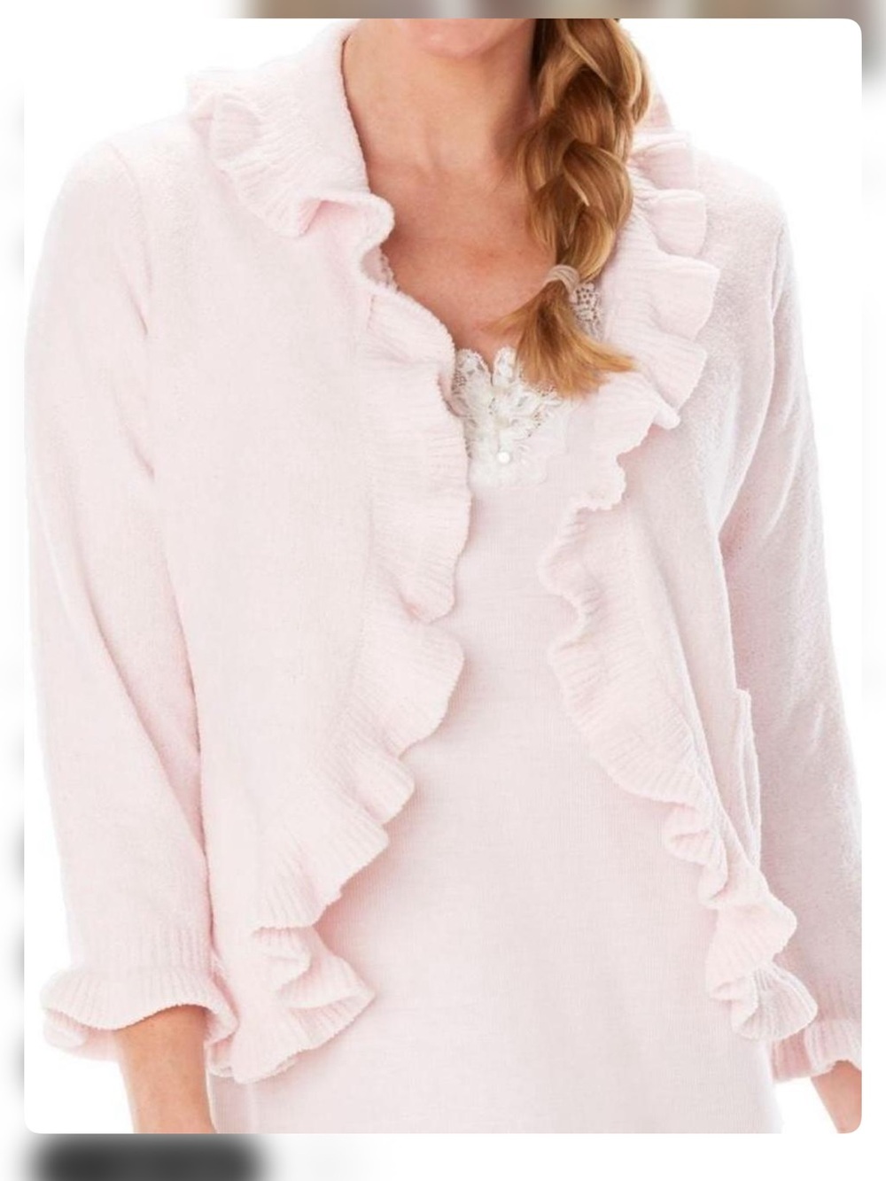 Ruffle-Trim Open Front Cardigan - Light Pink